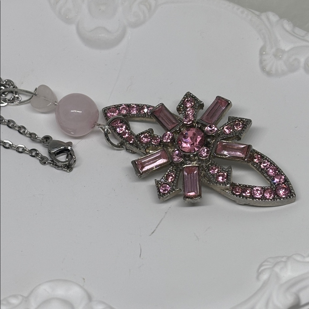 Vintage Reclaimed Pink Rhinestone Brooch Necklace | Rose Quartz | Sustainable We